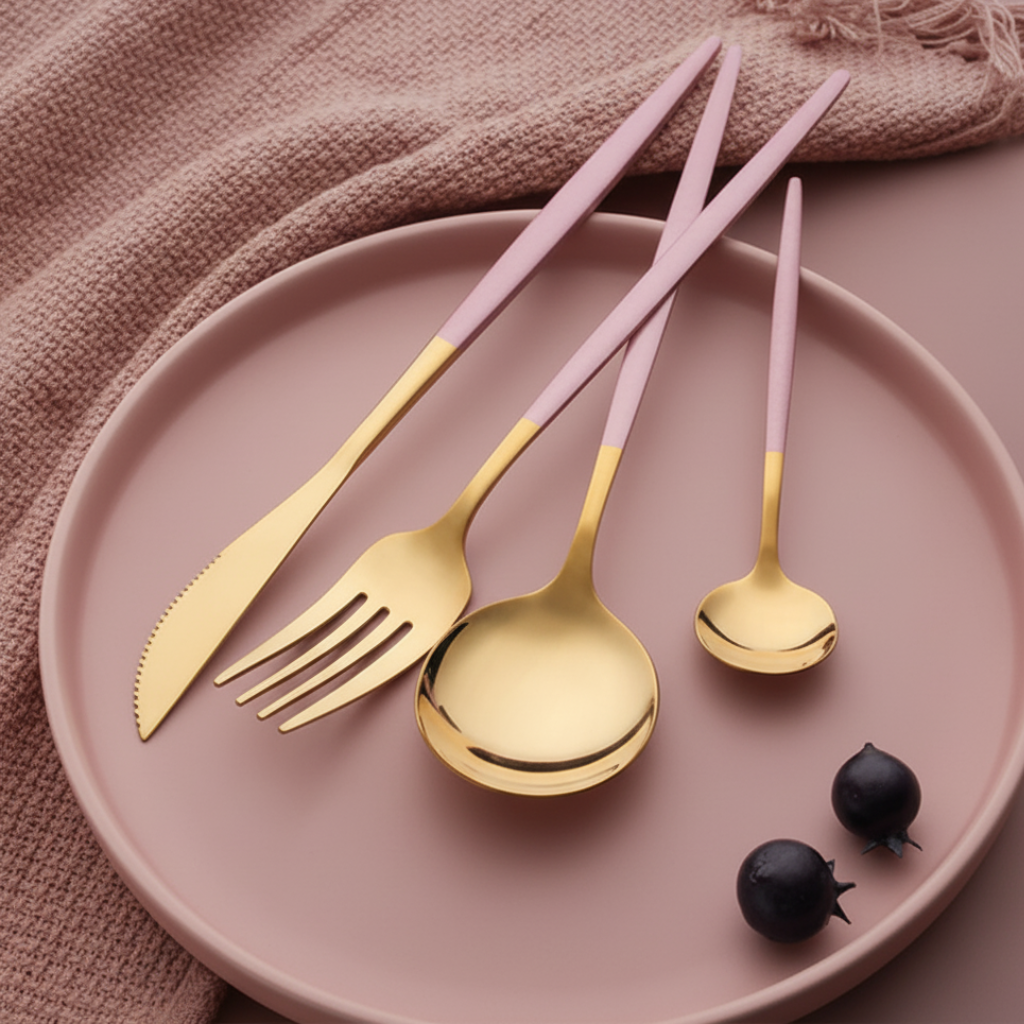 Conjunto de Talheres de Aço Inoxidável Rosa e Dourado Califórnia - 24 Peças