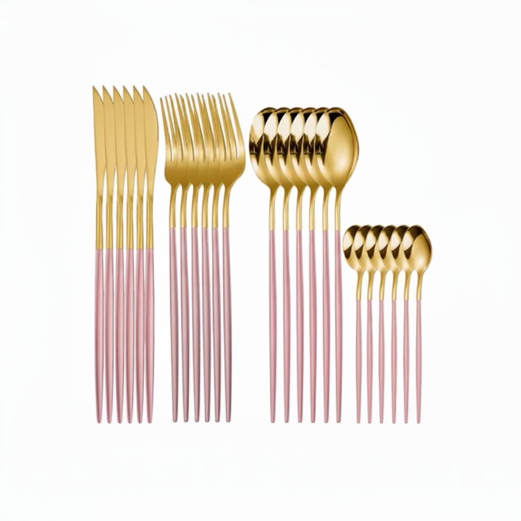 Conjunto de Talheres de Aço Inoxidável Rosa e Dourado Califórnia - 24 Peças
