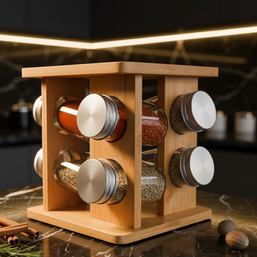 Porta-Temperos Giratório de Bambu com 8 Potes de Vidro CasaUno