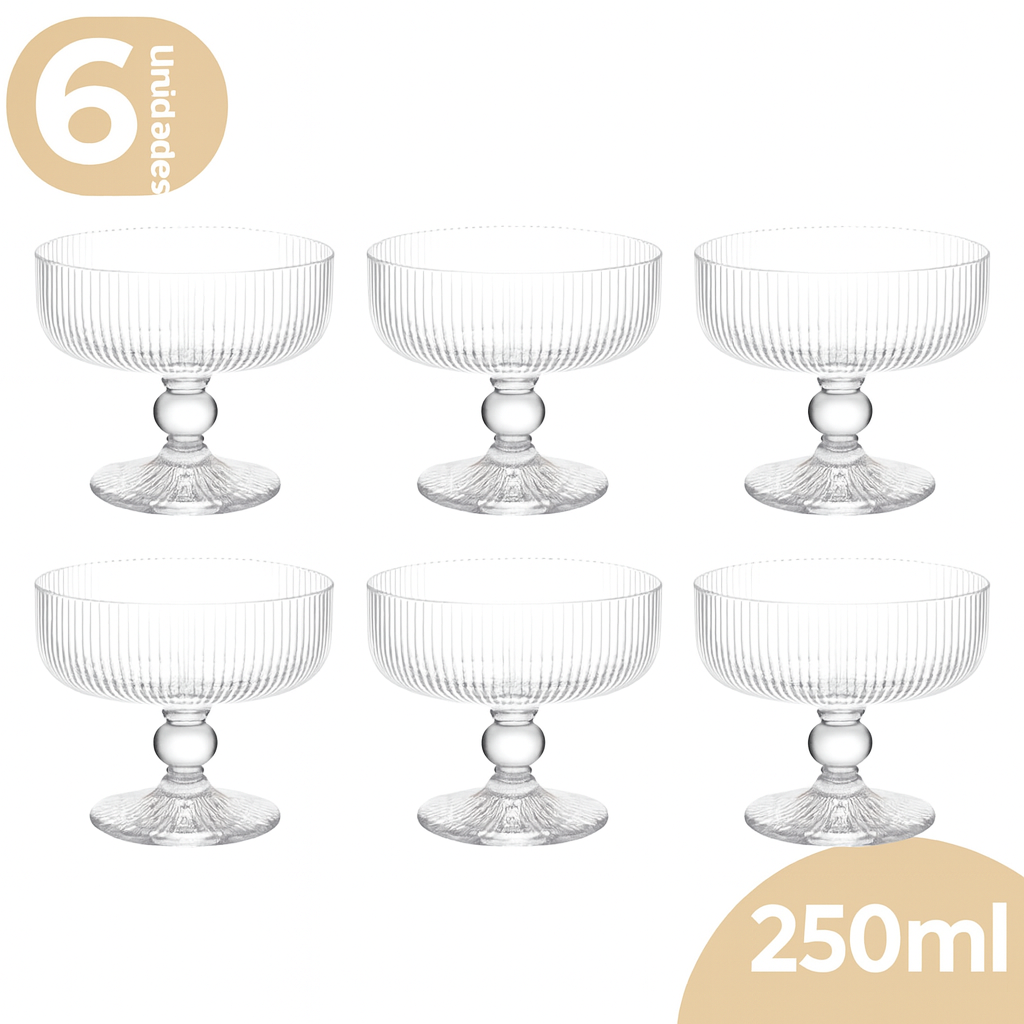 Jogo de 6 Taças de Sobremesa de Vidro Canelado Dolce Vita
