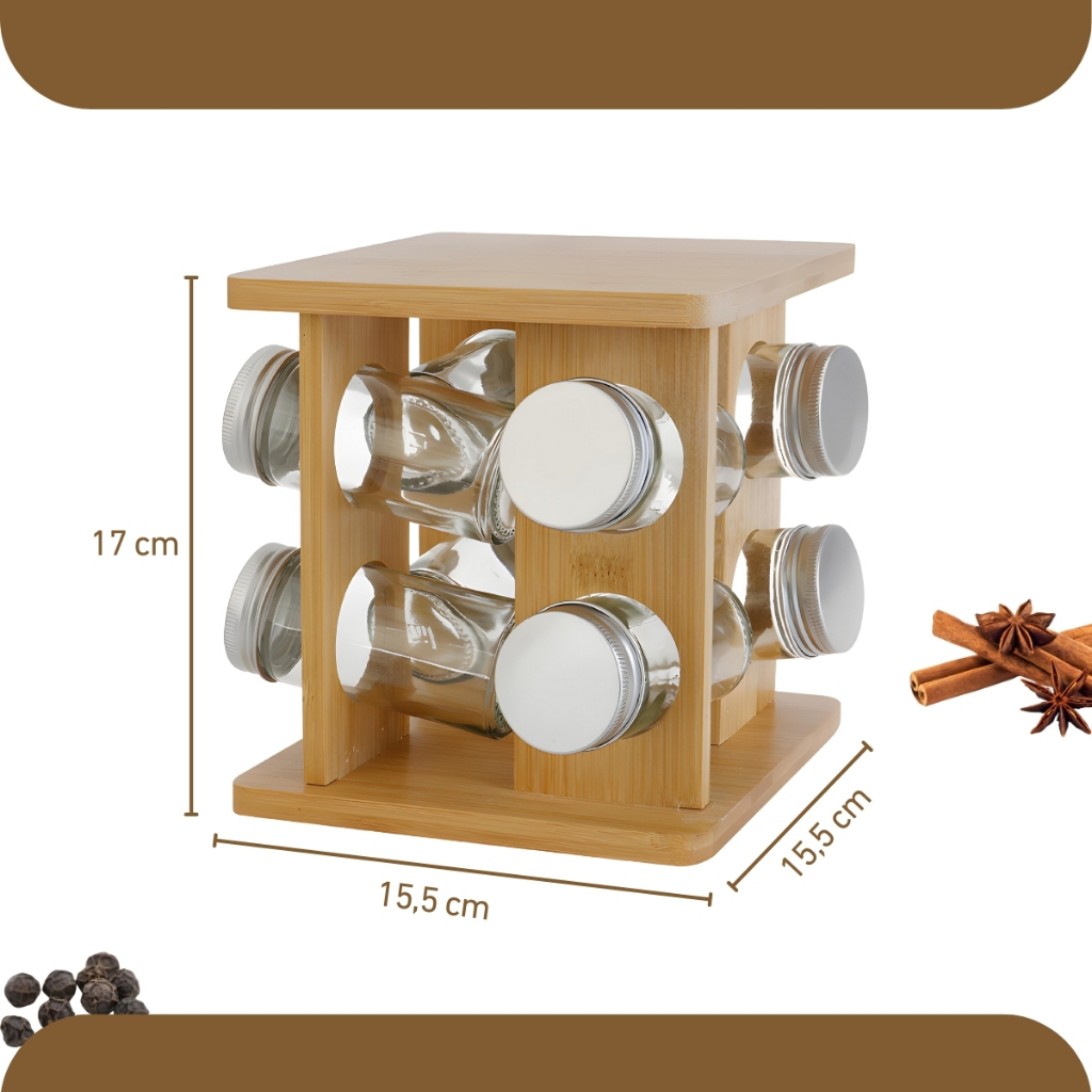 Porta Condimentos Giratório Organizador Temperos 8 Peças Bambu