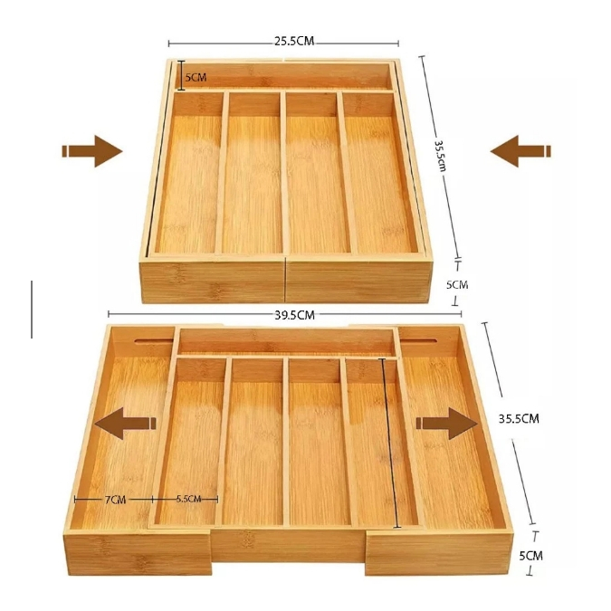 Porta Talheres Gaveta Bambu 7 Divisórias Extensível Ajustável Organizador Talheres Madeira