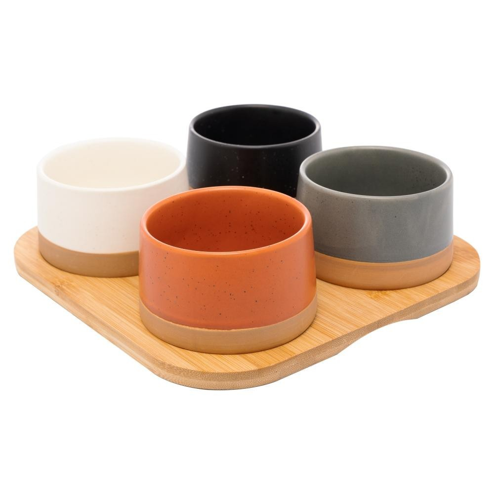 4 Petisqueiras com Bandeja Lyor de Bambu 22cm x 22cm x 5,5cm